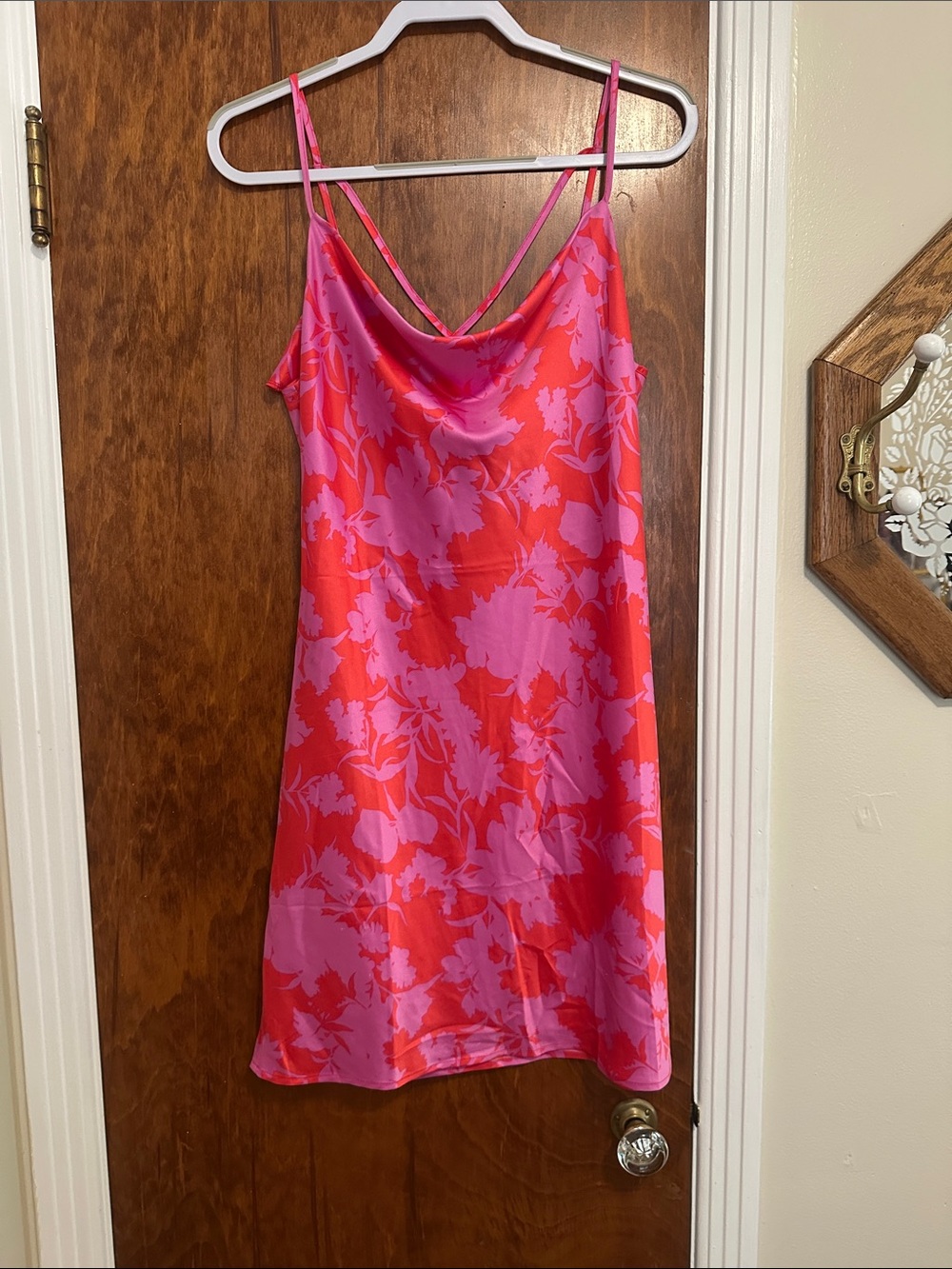 Women's Pink and Red Floral Satin Slip Dress